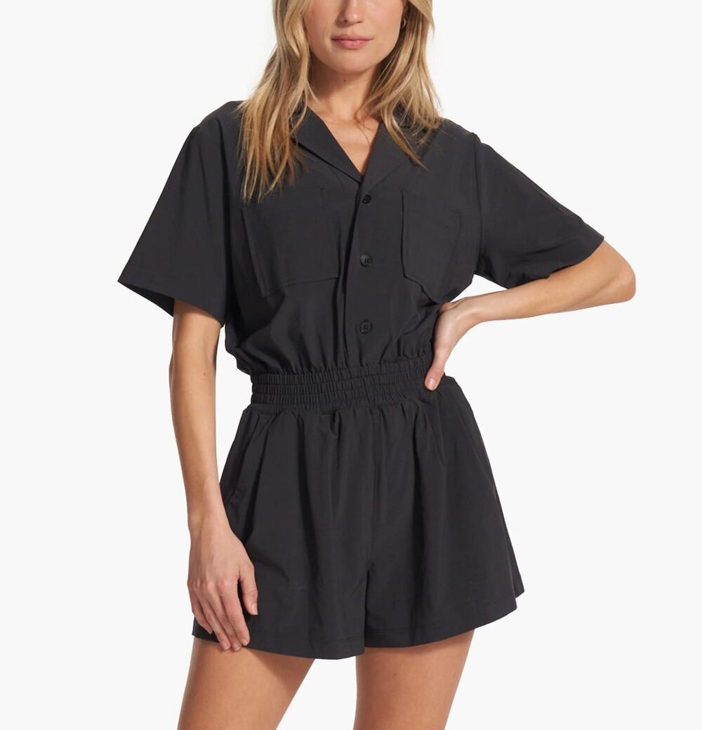 Vuori Villa Romper Small Short Sleeve Pockets Athleisure Travel Black